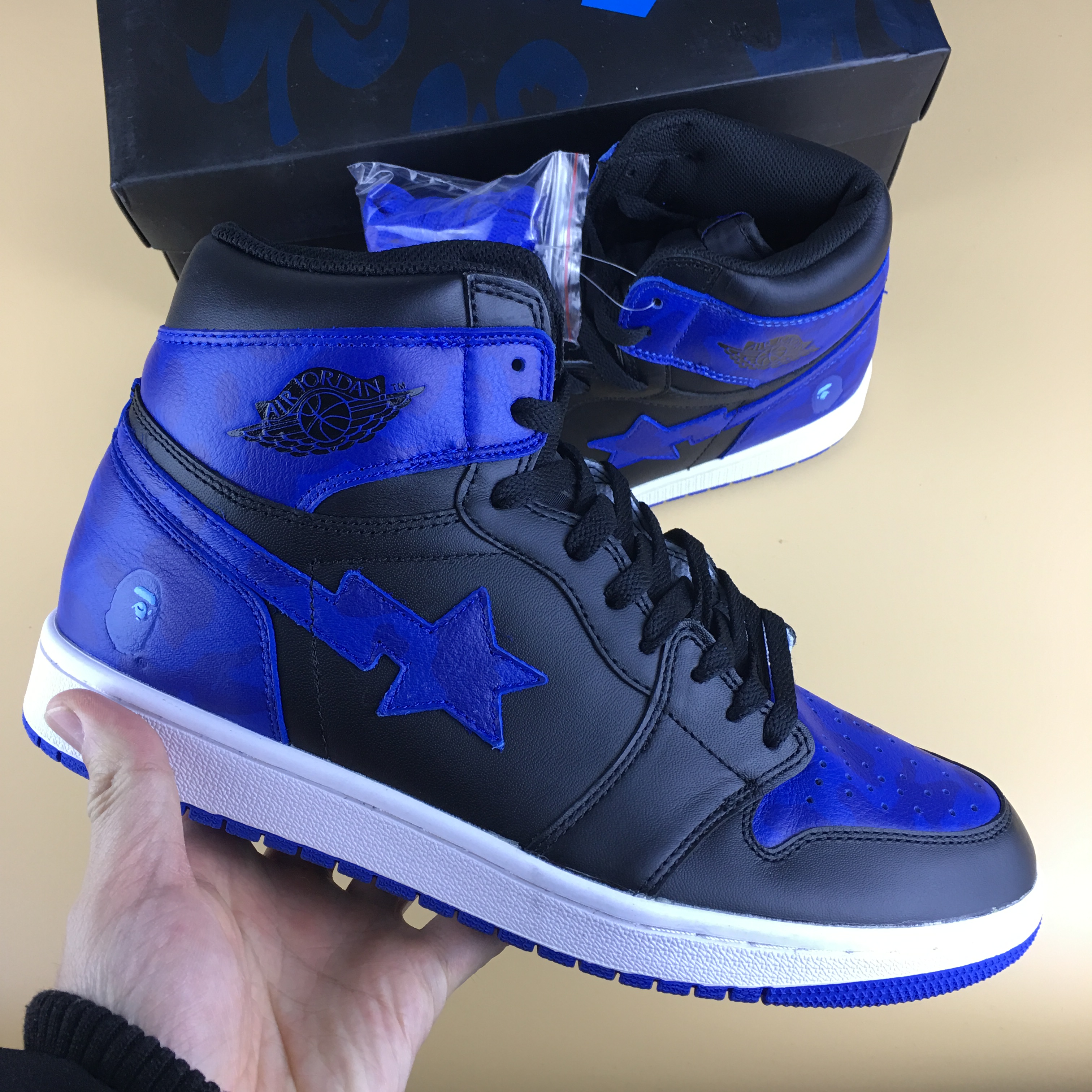 New BAPE x Jordan 1 Black Royal Blue Shoes - Click Image to Close